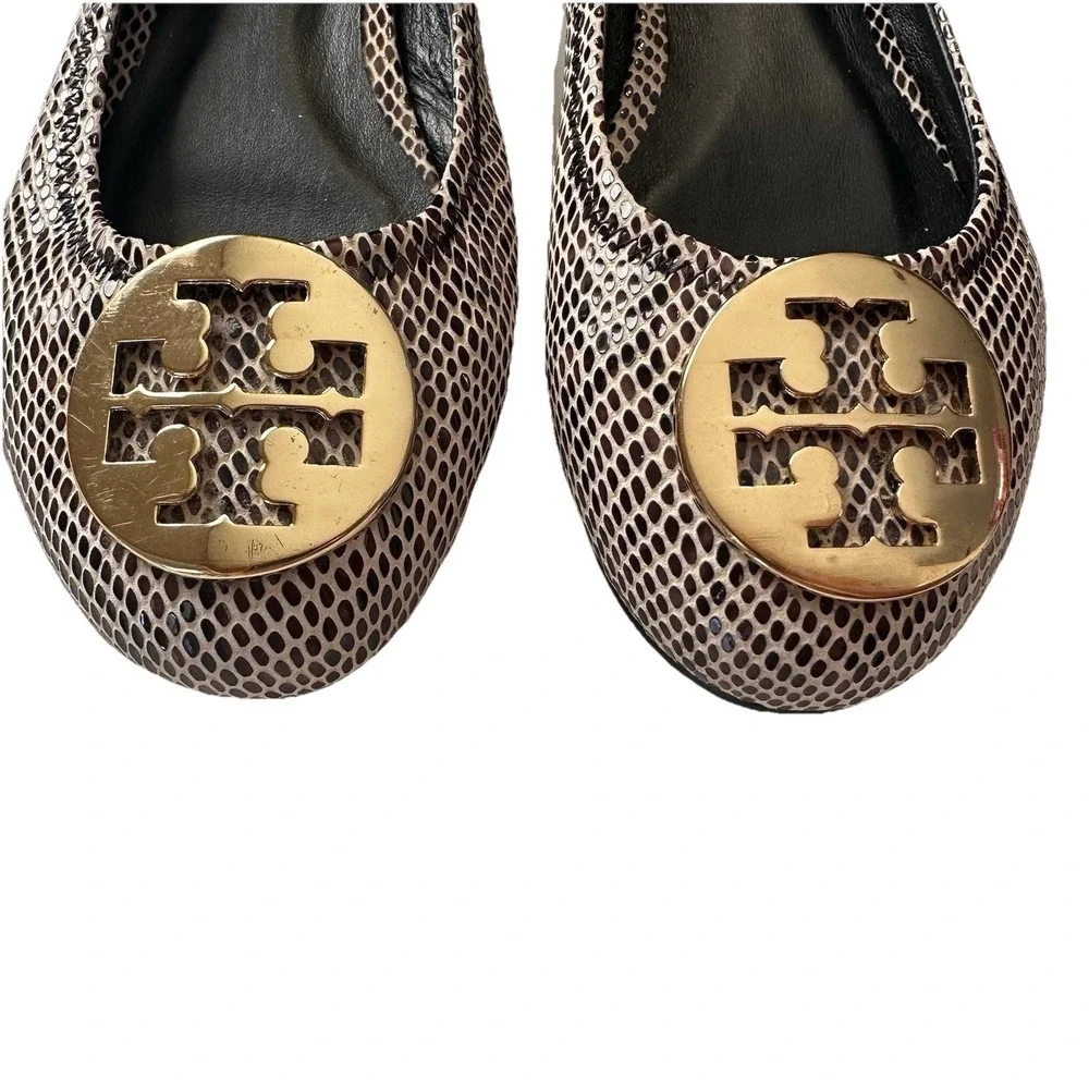 Tory Burch Ballet Flats Womens Gold Snake Print Leather Upper Shoes Size 7 M *R*